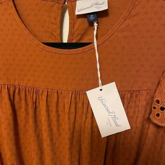 NWT Universal Thread Orange Brown Eyelet Prairie Dress Ruffles Pockets Size M - Picture 10 of 16